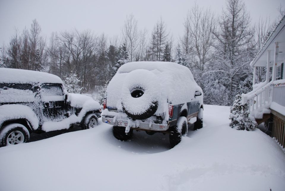 Two SUVs covered in snow, one with a spare tire on the back. A house with a porch is visible on the right