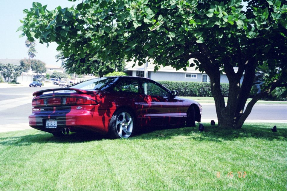 Red coupe with a spoiler parked on grass under a tree, rear view