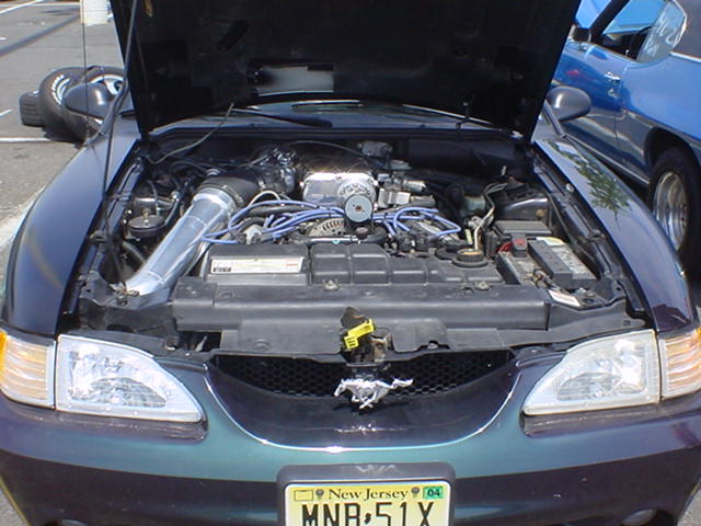 Engine bay with aftermarket intake. Blue Mustang emblem on grille. Another car visible
