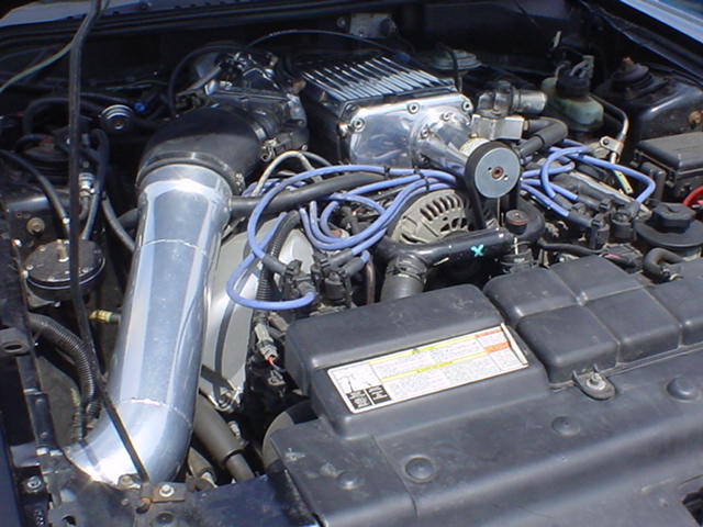 Engine bay with polished aluminum intake tube and supercharger. Blue spark plug wires visible