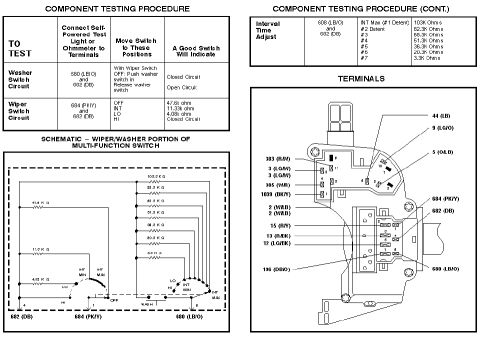 1997 Ford Taurus - Component testing procedure and schematic for the wiper/washer multi-function switch with resistance values and color-coded terminals.
