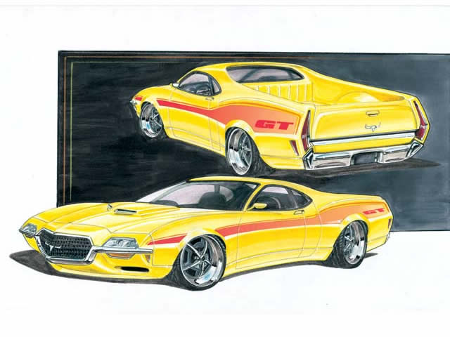 Concept art of a yellow GT muscle car in front and rear three-quarter views
