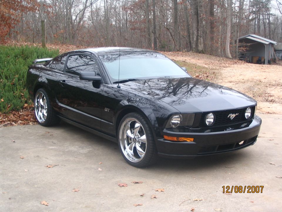 Black Ford Mustang GT parked outside with trees in the background. Date stamp shows 12/08/2007