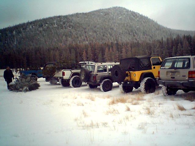 Several off-road vehicles parked in snow, a person carrying a Christmas tree, and a wooded mountain in the background