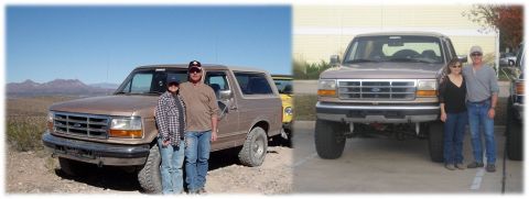 1996 Ford Bronco - Side-by-side comparison collage of a tan Ford Bronco with a couple standing alongside it: at left the truck sits dusty on a desert trail wi…