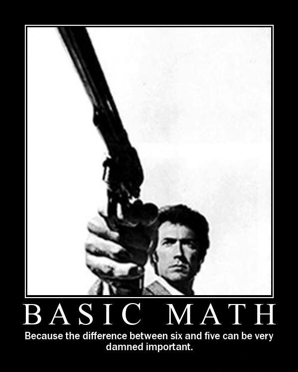 Demotivational poster BASIC MATH with a man aiming a large revolver