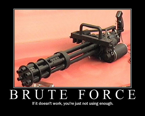 Demotivational poster BRUTE FORCE showing a multi-barrel minigun on a red surface