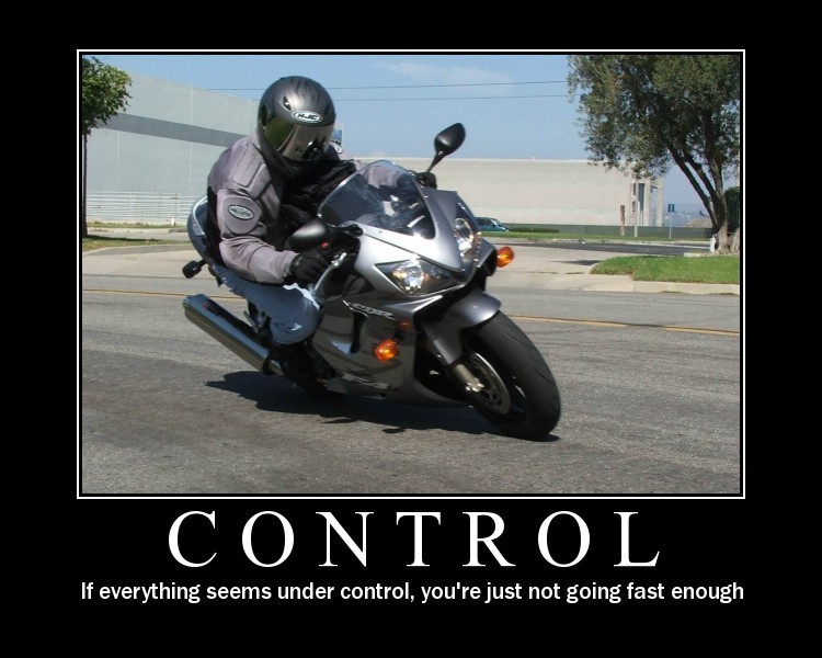 Demotivational poster CONTROL showing a rider leaning a silver sportbike in a turn