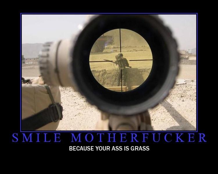 Demotivational poster viewed through a rifle scope at a distant figure