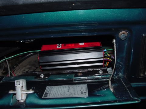 1979 Ford Bronco - Close-up of an aftermarket electronic ignition module installed in a vehicle.