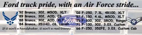 2002 Ford F-250 - A graphic displays a list of Ford trucks and their specifications alongside Air Force insignia.