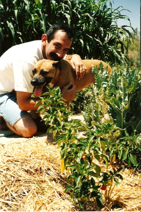 1992 Ford Bronco - Man and his dog enjoy a sunny day in the garden among the plants.
