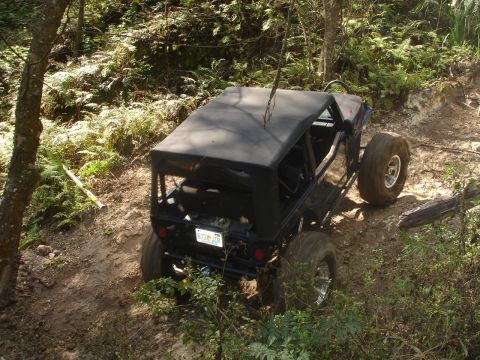 1989 Ford Bronco - A black SUV navigates a wooded dirt road.