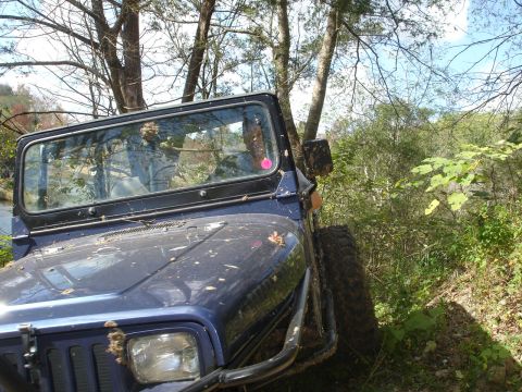1989 Ford Bronco - Jeep Wrangler parked on a wooded trail, showing its front 3/4 view and off-road modifications.