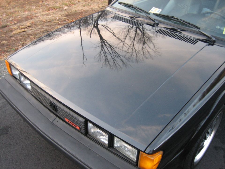 1987 Volkswagen Scirocco hood, grille, and headlights. Reflection of trees in the hood