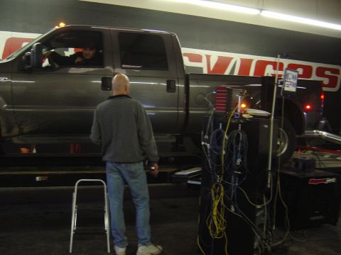 1996 Ford F-250 - Ford Super Duty truck undergoing testing on a dynamometer, with technicians present.