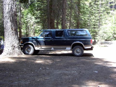 1995 Ford C-350 (Centurion Conversions) - Side view of a dark blue 1995 Ford C-350 (Centurion Conversions) SUV parked in a wooded area.