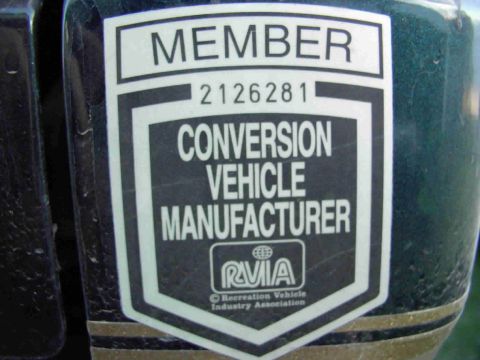 1995 Ford C-350 (Centurion Conversions) - Sticker indicates the vehicle was manufactured by a conversion company, part of the Recreation Vehicle Industry Association.