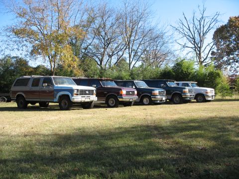 1995 Ford C-350 (Centurion Conversions) - Several Ford Bronco SUVs are parked in a grassy area under a clear blue sky.