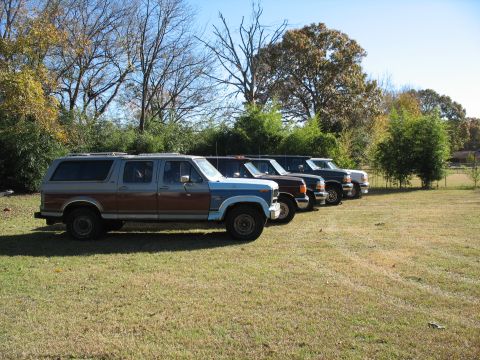 1995 Ford C-350 (Centurion Conversions) - Several SUVs are parked in a line on a sunny day in a grassy area with trees in the background.