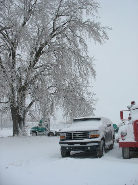 1995 Ford C-350 (Centurion Conversions) - A Ford Bronco sits in the snow next to other vehicles under an ice-covered tree.