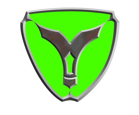 1996 Ford Bronco - A shield emblem with a metallic border and a stylized Y-shape design on a green background.