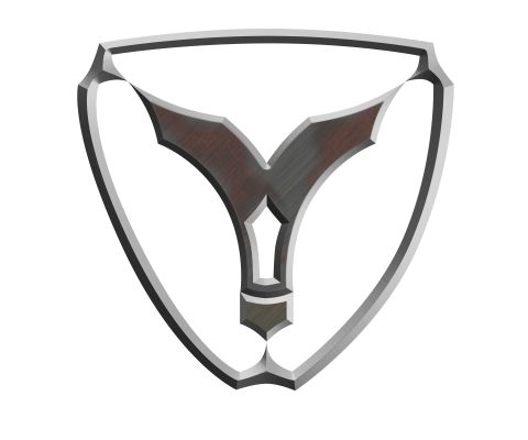 1996 Ford Bronco - A metallic logo resembling a shield with an abstract internal design, rendered in silver and brown tones.