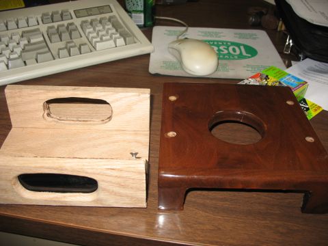 1995 Ford C-350 (Centurion Conversions) - Two parts, one unfinished wood and one finished wood, are shown side-by-side, likely for an overhead console.