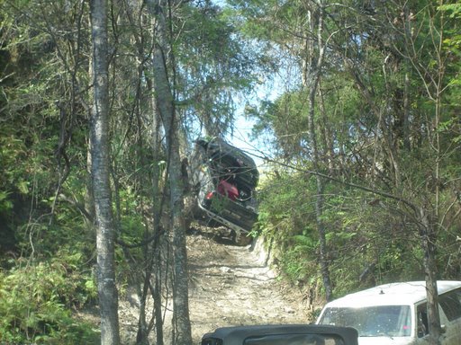 Two off-road vehicles navigating a steep, wooded dirt trail. One vehicle is partially visible at the top of the incline, while another white vehicle is seen on the right
