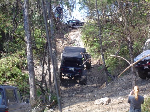 Several off-road vehicles navigating a steep, wooded trail. One Jeep is in the foreground, with others further up the incline