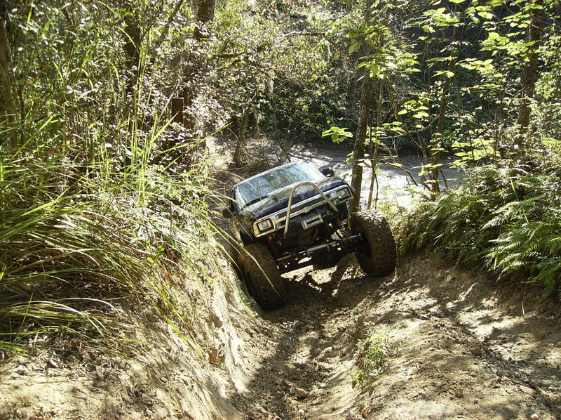 Off-road vehicle with large tires driving down a steep, muddy trail surrounded by trees and foliage
