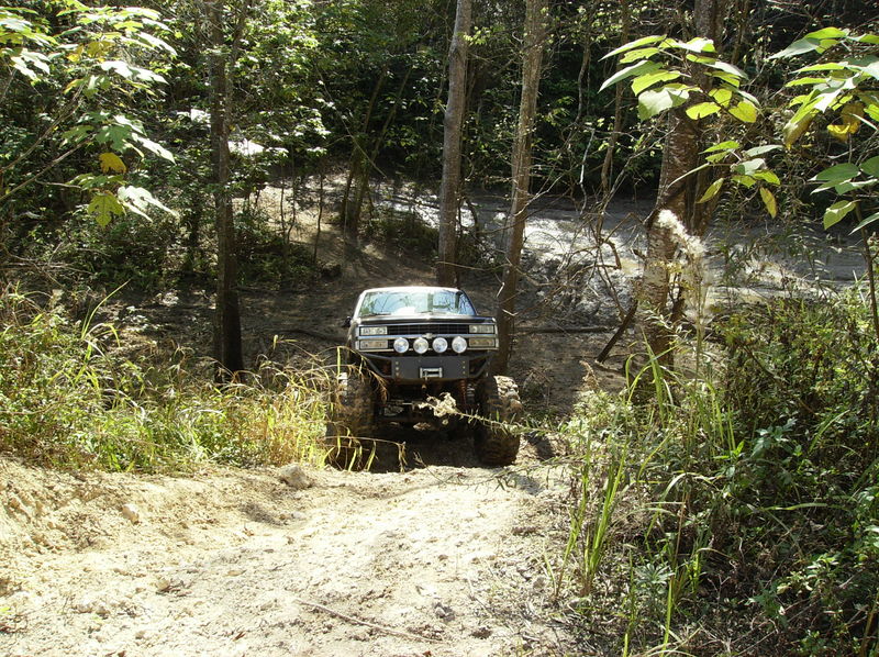 1989 Ford Bronco with aftermarket bumper and lights driving on a dirt trail through trees