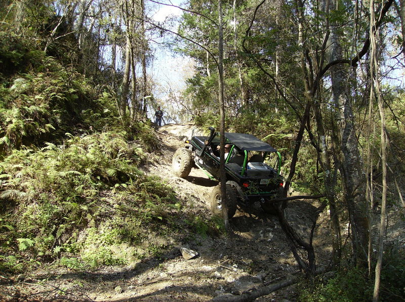 Off-road vehicle with green roll cage climbing a steep, muddy trail