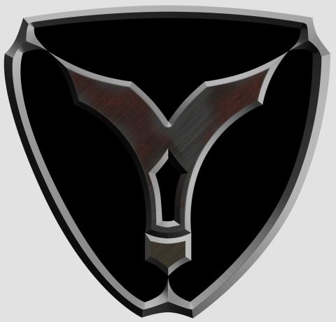 1996 Ford Bronco - A stylized shield emblem a black background with metallic red and silver detailing.