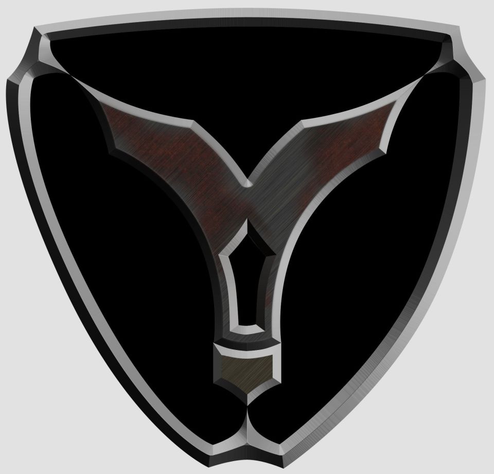 Black shield emblem with metallic red and silver accents