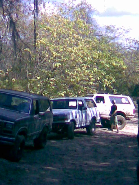 1989 Ford Bronco - Several SUVs are parked on a dirt lot surrounded by trees, with one person standing near the rear of a white SUV.