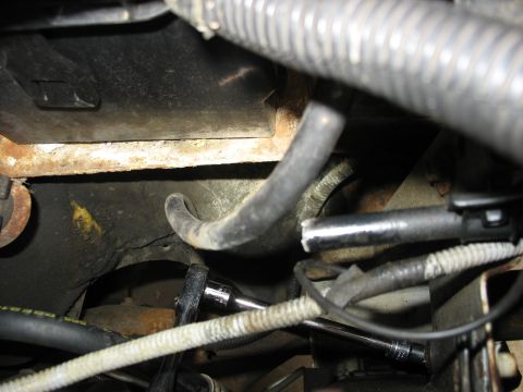 1995 Ford C-350 (Centurion Conversions) - Engine bay detail with hoses, wiring, and a tool in use.