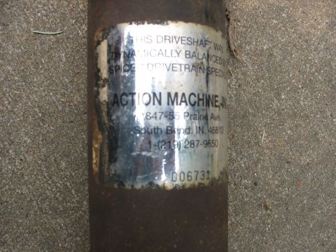 1995 Ford C-350 (Centurion Conversions) - A driveshaft with a label indicating it was dynamically balanced by Action Machine, Inc.