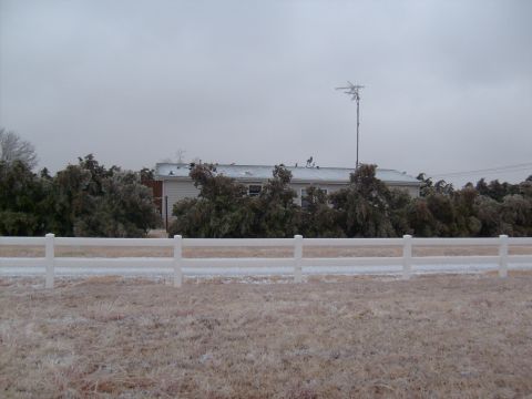 1995 Ford C-350 (Centurion Conversions) - A winter storm has left trees heavily coated in ice, creating a stark landscape with a white fence and house in the background.