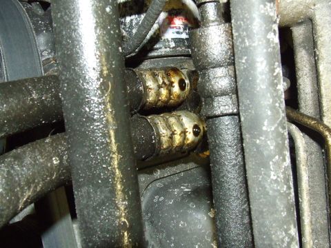 2003 Ford Crown Victoria - Close-up view of the vehicle's oil cooler lines, showing signs of leakage and grime.