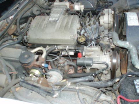 1991 Ford LTD Crown Victoria - Overhead engine bay shot of a Ford 5.0 liter EFI V8, with the cast '5.0 LITER EFI' upper intake plenum, throttle body and inlet tube, black…