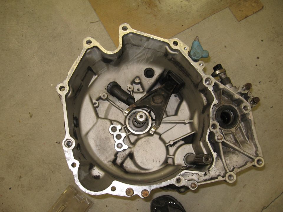 Open transmission housing with internal shift fork and shaft visible