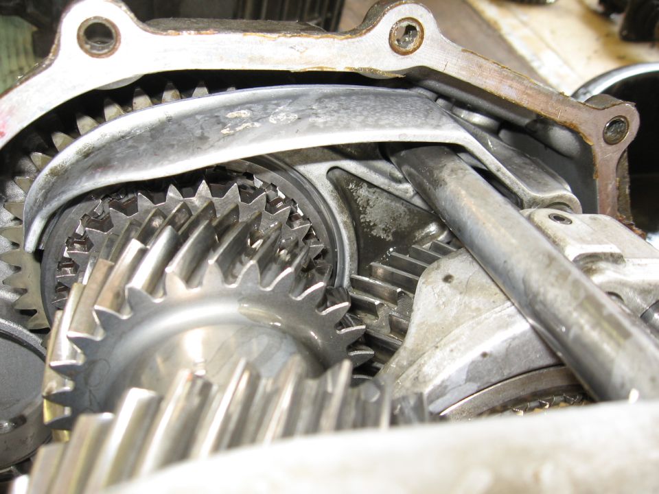Close-up of internal transmission gears and linkage