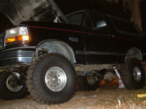1992 Ford Bronco - This black 1992 Ford Bronco is modified with a lifted suspension and oversized tires.