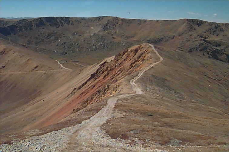 Mountain landscape with a winding dirt road on a ridge under a clear blue sky. The terrain is arid and rocky