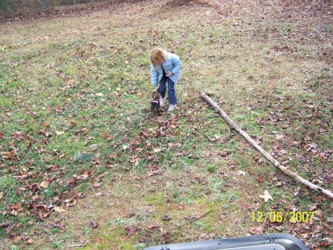 1979 Ford F-150 - A girl interacts with her puppy outdoors on a grassy area covered with fallen leaves.