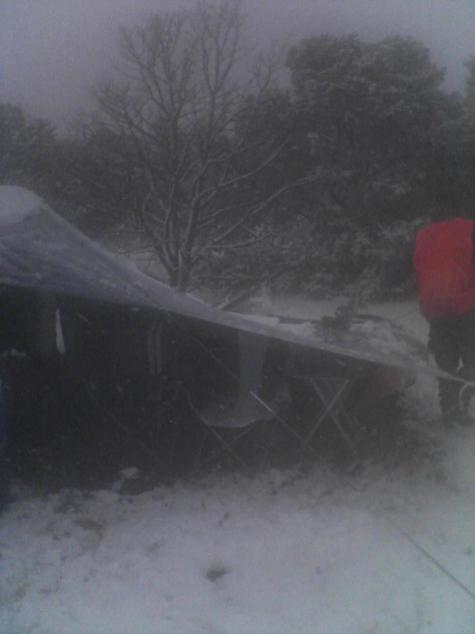Truck covered in snow, with a person in a red jacket standing nearby