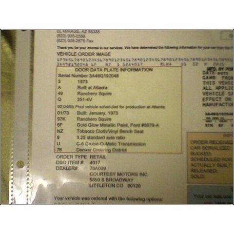 1973 Ford Ranchero - This document details the build information for a 1973 Ford Ranchero Squire, including its serial number and options.