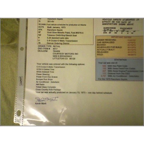 1973 Ford Ranchero - This document details the original order and production information for a 1973 Ford vehicle, including its options and build date.
