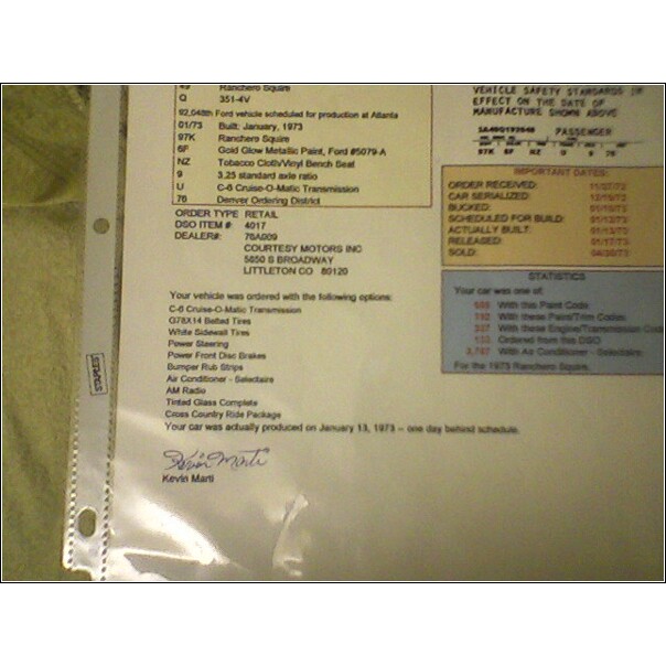 Build sheet for a 1973 Ford vehicle, lists options and production details